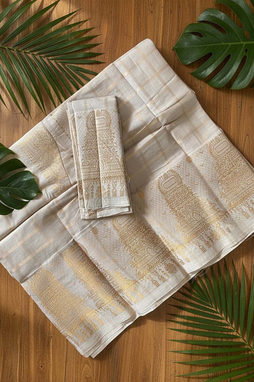 A folded and draped off-white or light beige fabric, likely a saree or textile, featuring intricate golden-brown traditional motifs and a subtle checkered pattern.