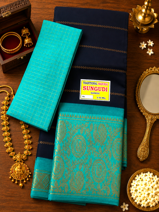 Sri Velthari Long Border – Navy Blue X Blue