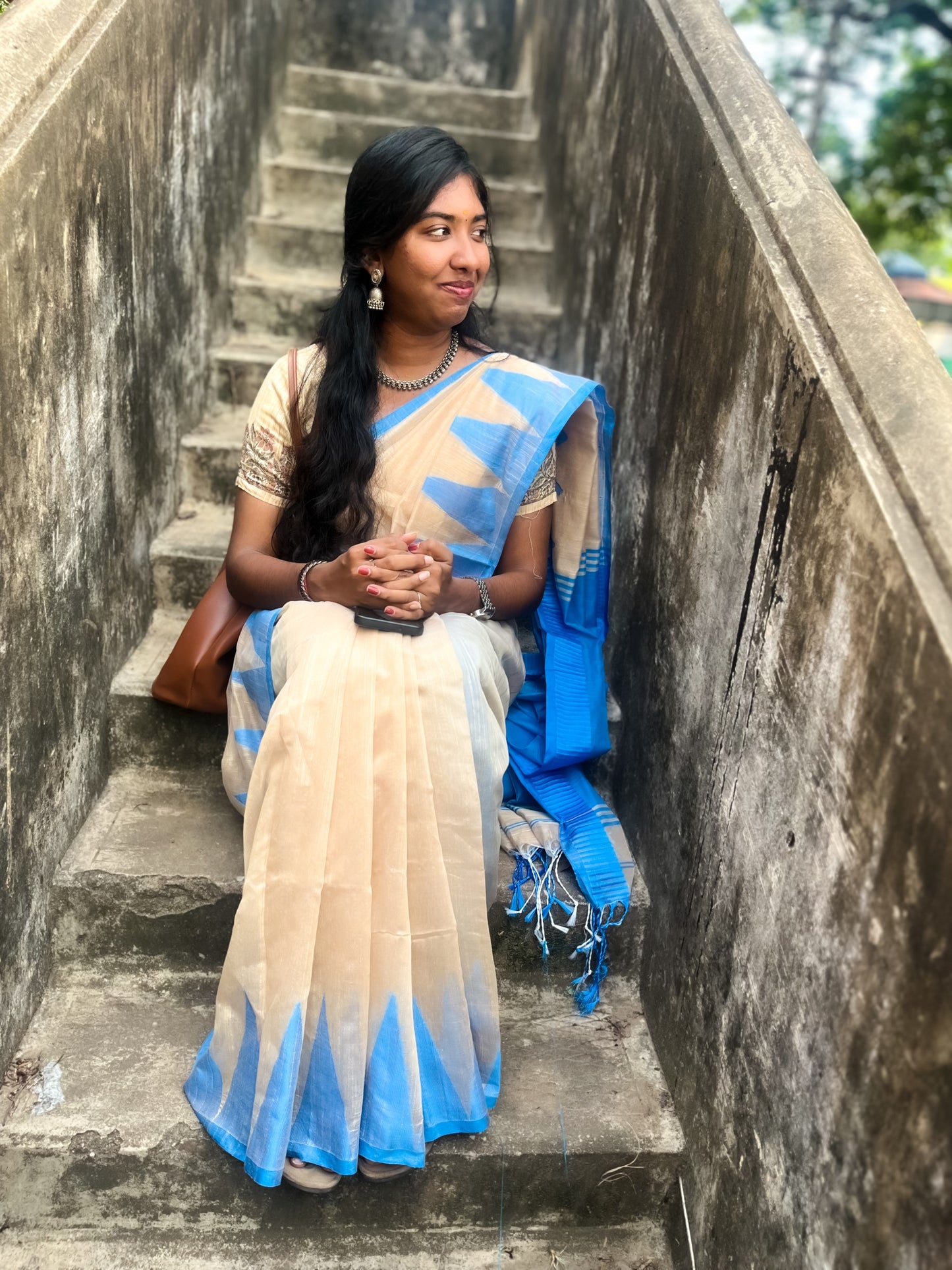 Ivory Blue Temple Border Khadi