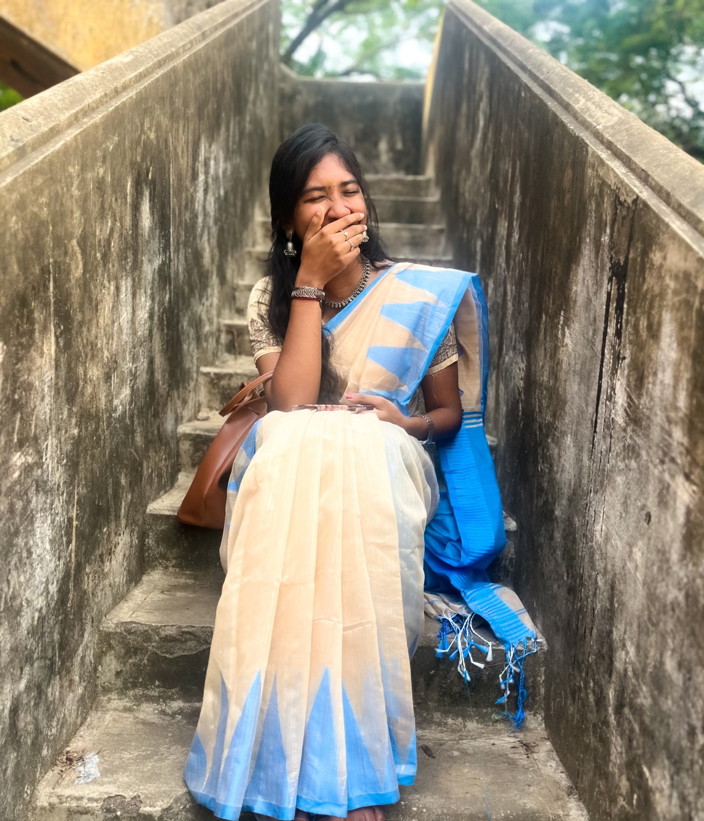 Ivory Blue Temple Border Khadi