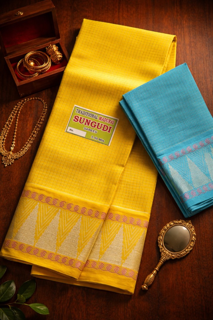 Silver Gopuram Checks - Lemon Yellow X Blue