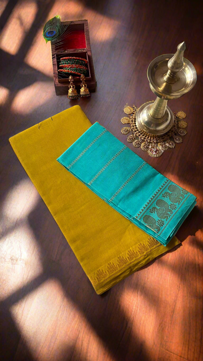 Yellow and blue saree with decorative elements on a white fabric background