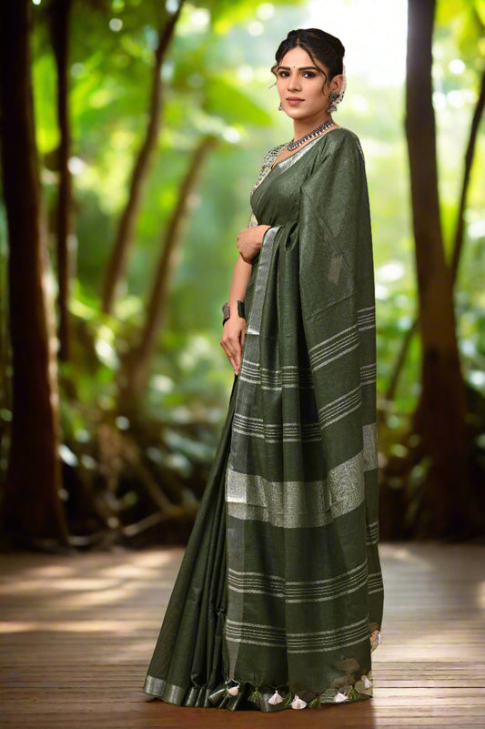 Green Linen Cotton Saree