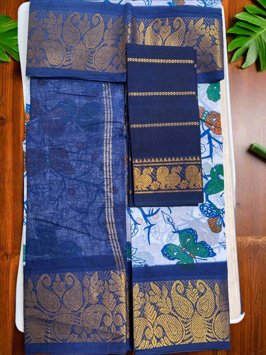Blue saree with gold patterns on a white background