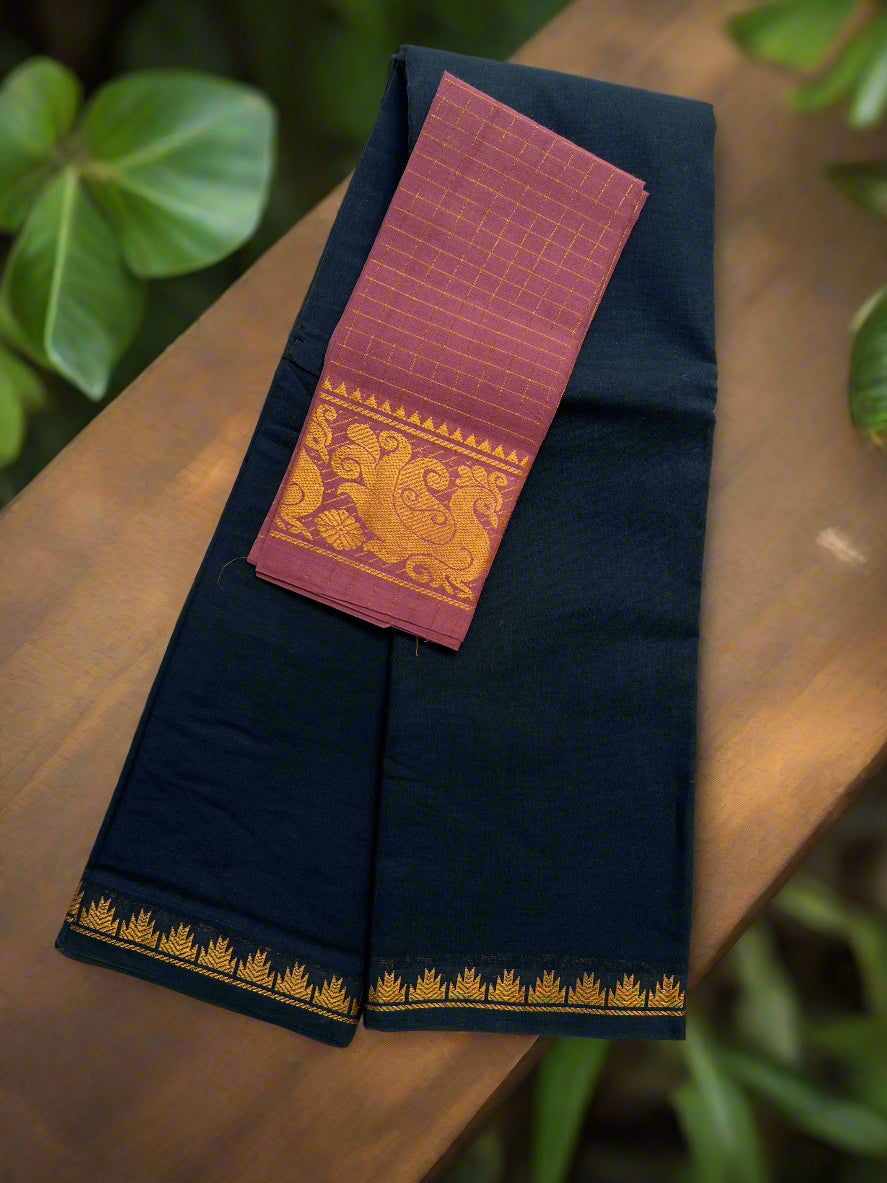 Black saree with gold border and red blouse on a white fabric background