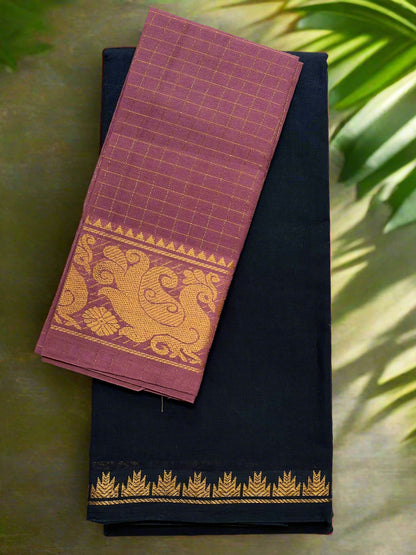 Black saree with gold border and maroon blouse on a white background