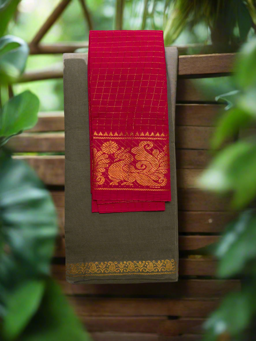 Red and gold patterned fabric on a gray fabric background