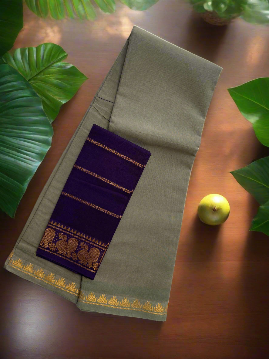 Gray Sungudi saree with purple zari blouse with gold border 