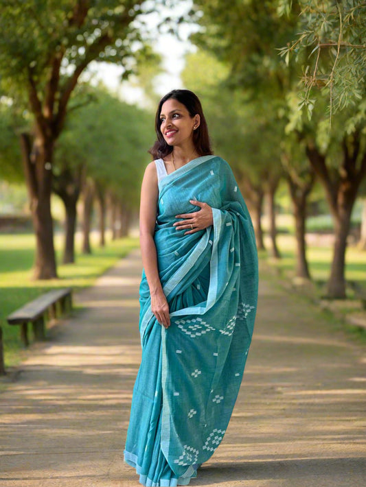 Aqua Green Handwoven Khadi Cotton Saree