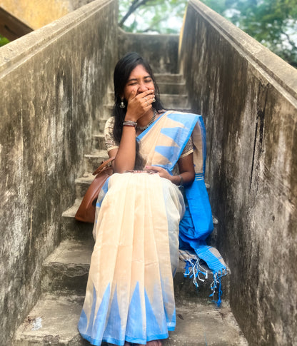 Ivory Blue Temple Border Khadi