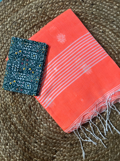 Orange Linen Cotton Saree