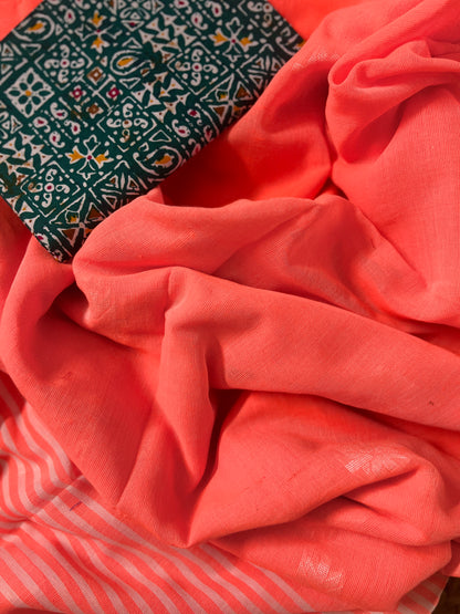 Orange Linen Cotton Saree