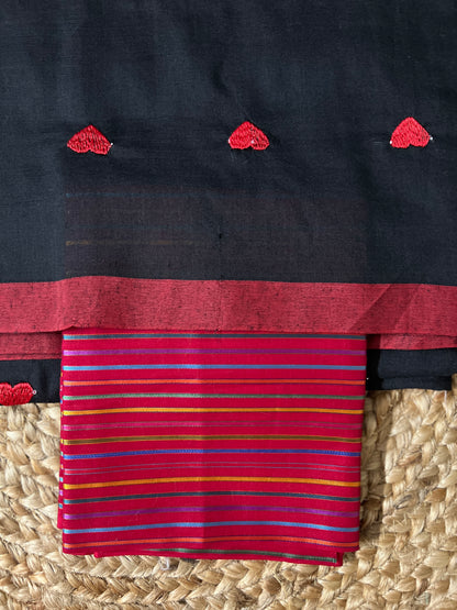 Black Khadi with Red hearts Cotton Saree