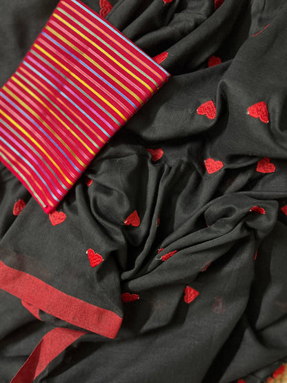 Black Khadi with Red hearts Cotton Saree