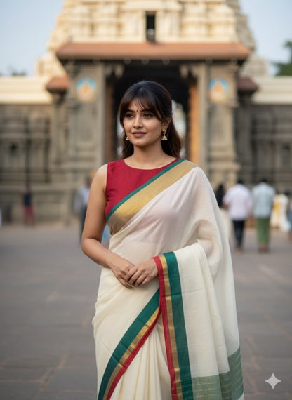 Off White MulMul Cotton Saree