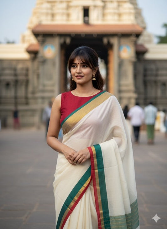 Off White MulMul Cotton Saree
