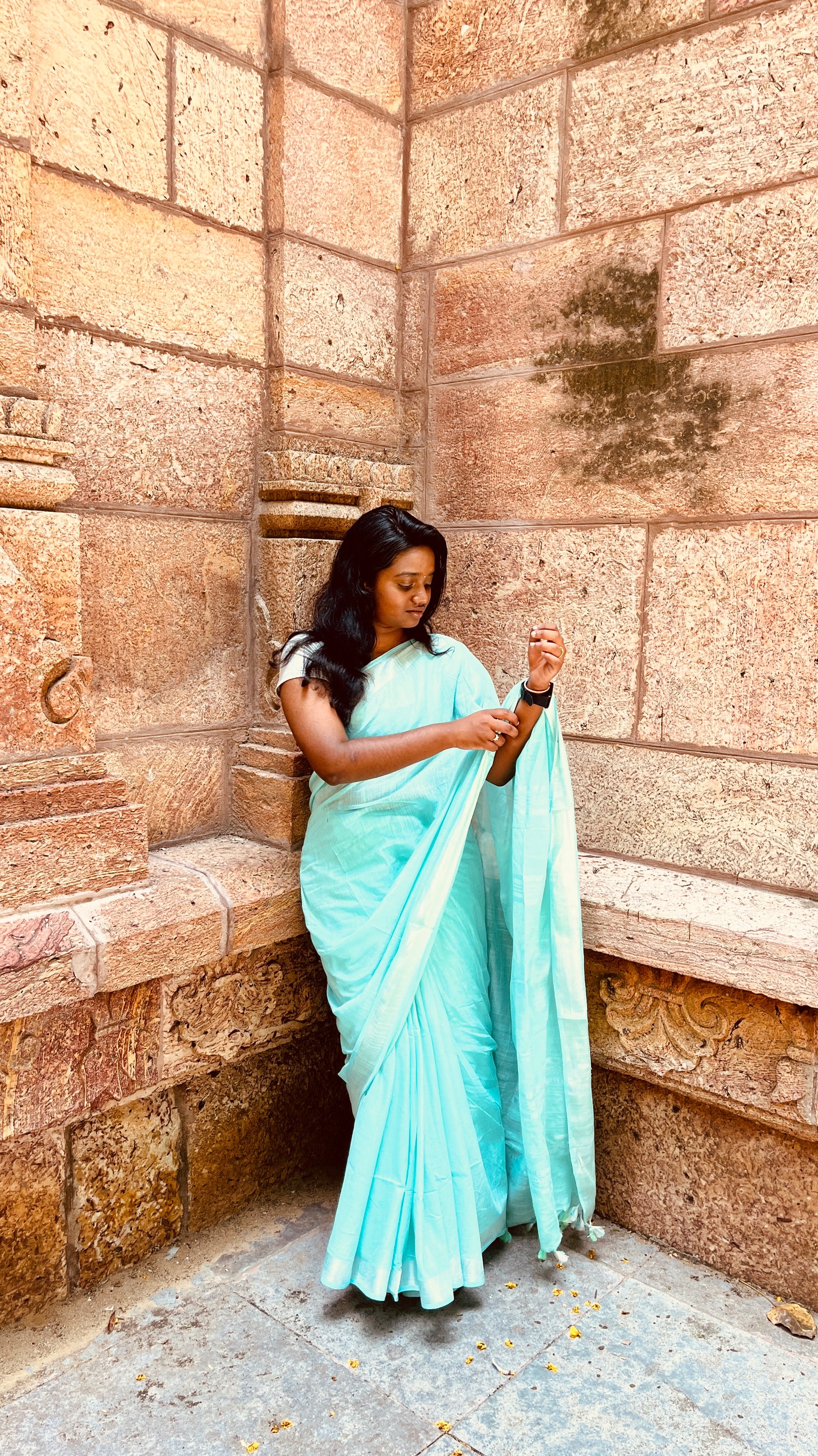 Aqua-Blue Linen Cotton Saree