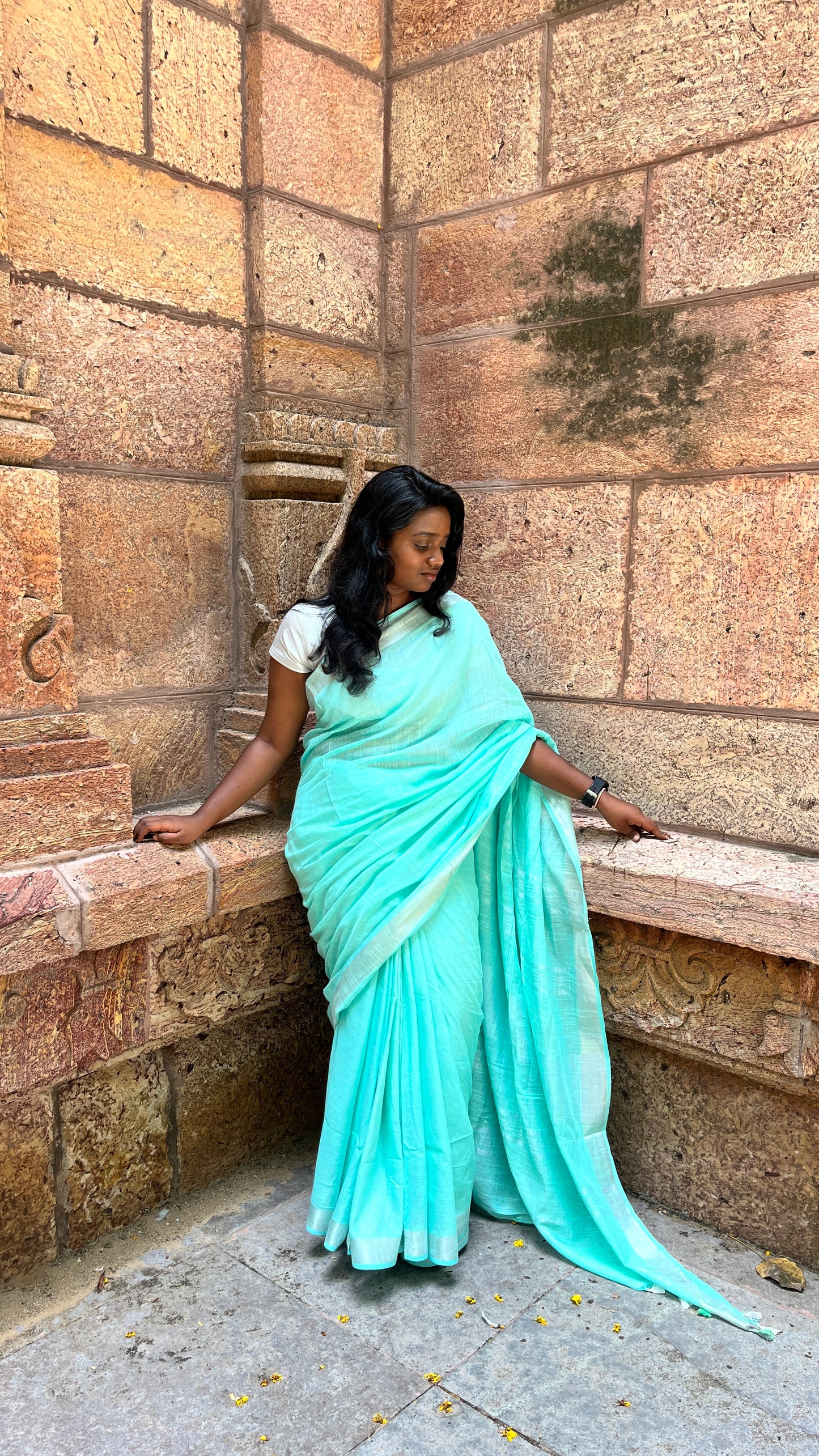 Aqua-Blue Linen Cotton Saree