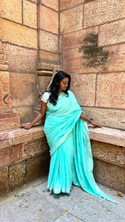 Aqua-Blue Linen Cotton Saree