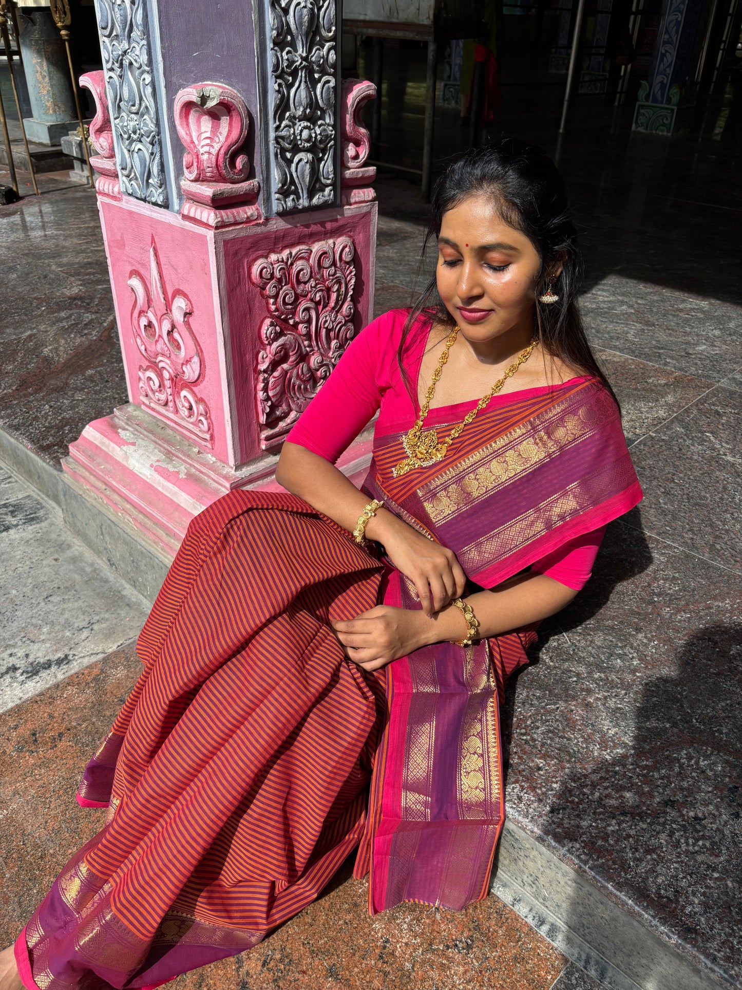 Chettinad Cotton Saree in Magenta & Orange Stripes with Zari Border