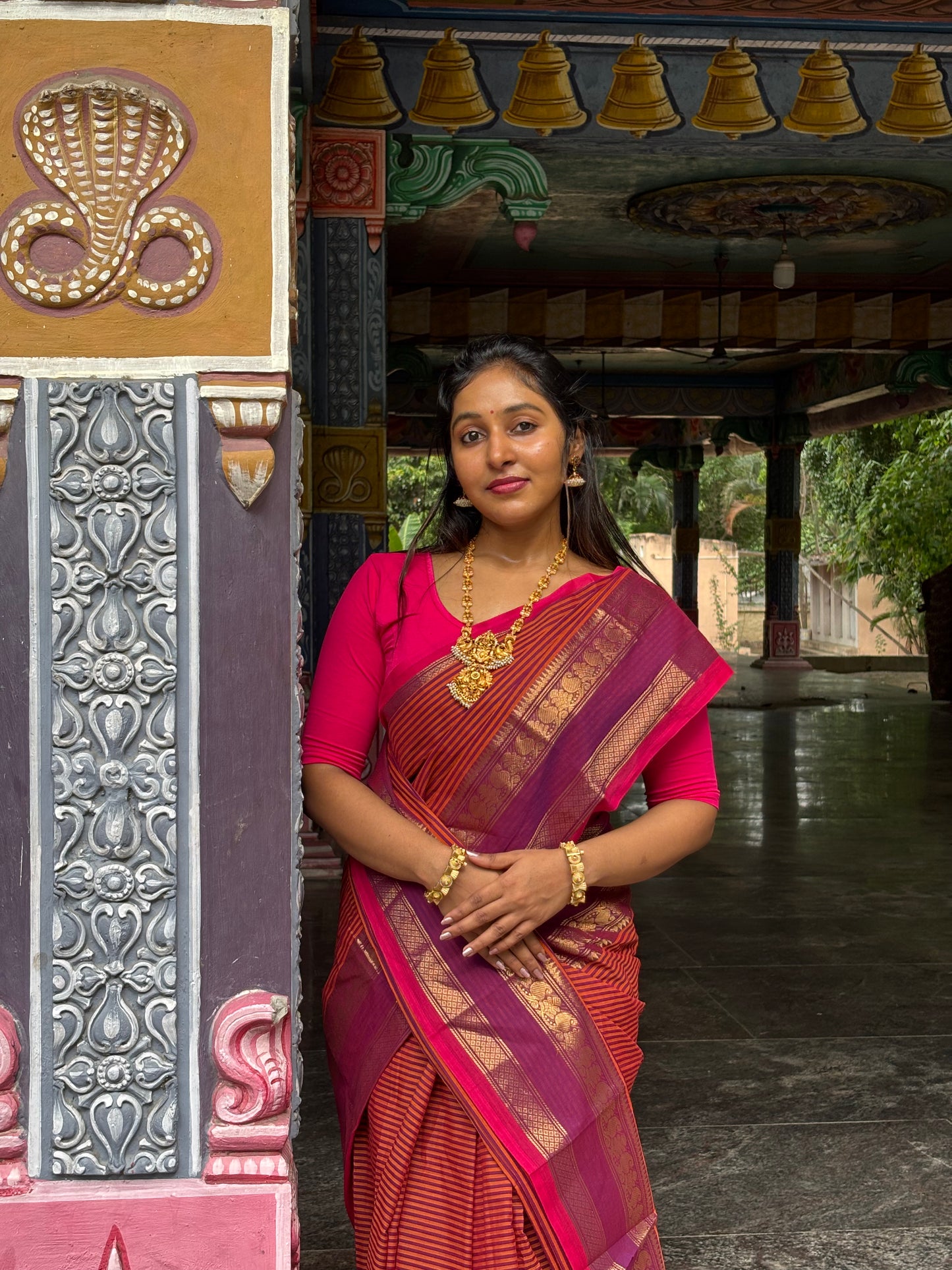 Chettinad Cotton Saree in Magenta & Orange Stripes with Zari Border