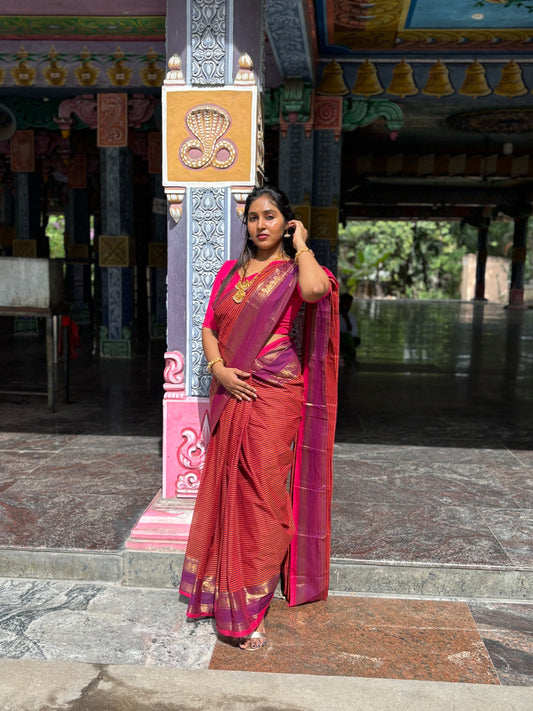 Chettinad Cotton Saree in Magenta & Orange Stripes with Zari Border