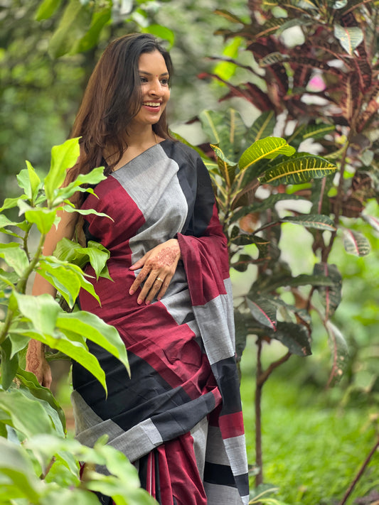 Black Maroon Gray Khadi Saree