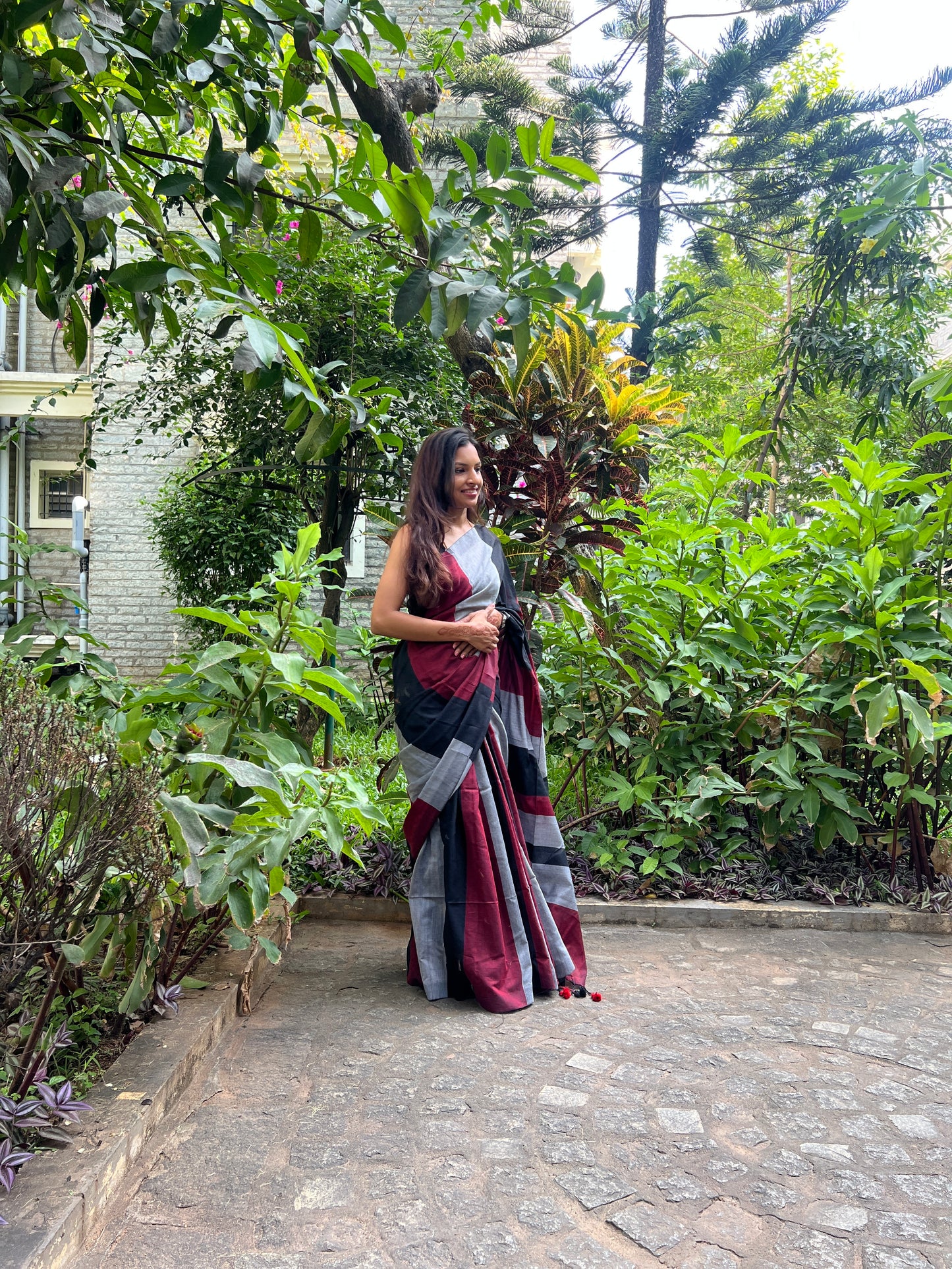 Black Maroon Gray Khadi Saree