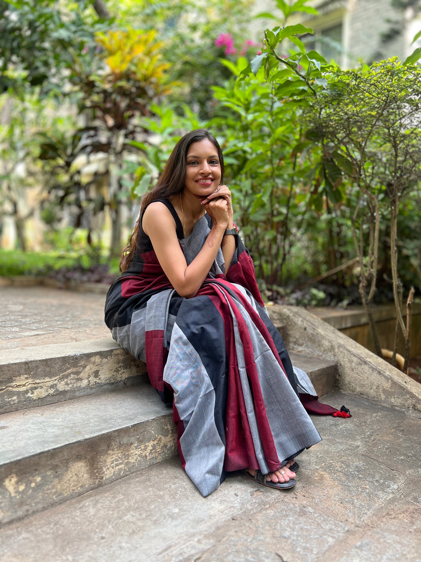 Black Maroon Gray Khadi Saree
