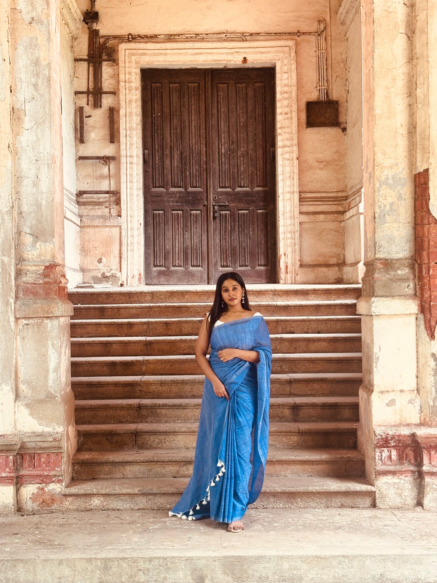 Blue-grey Khadi Cotton Saree