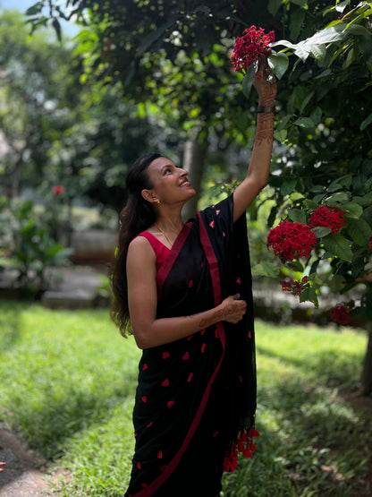Black Khadi with Red hearts Cotton Saree