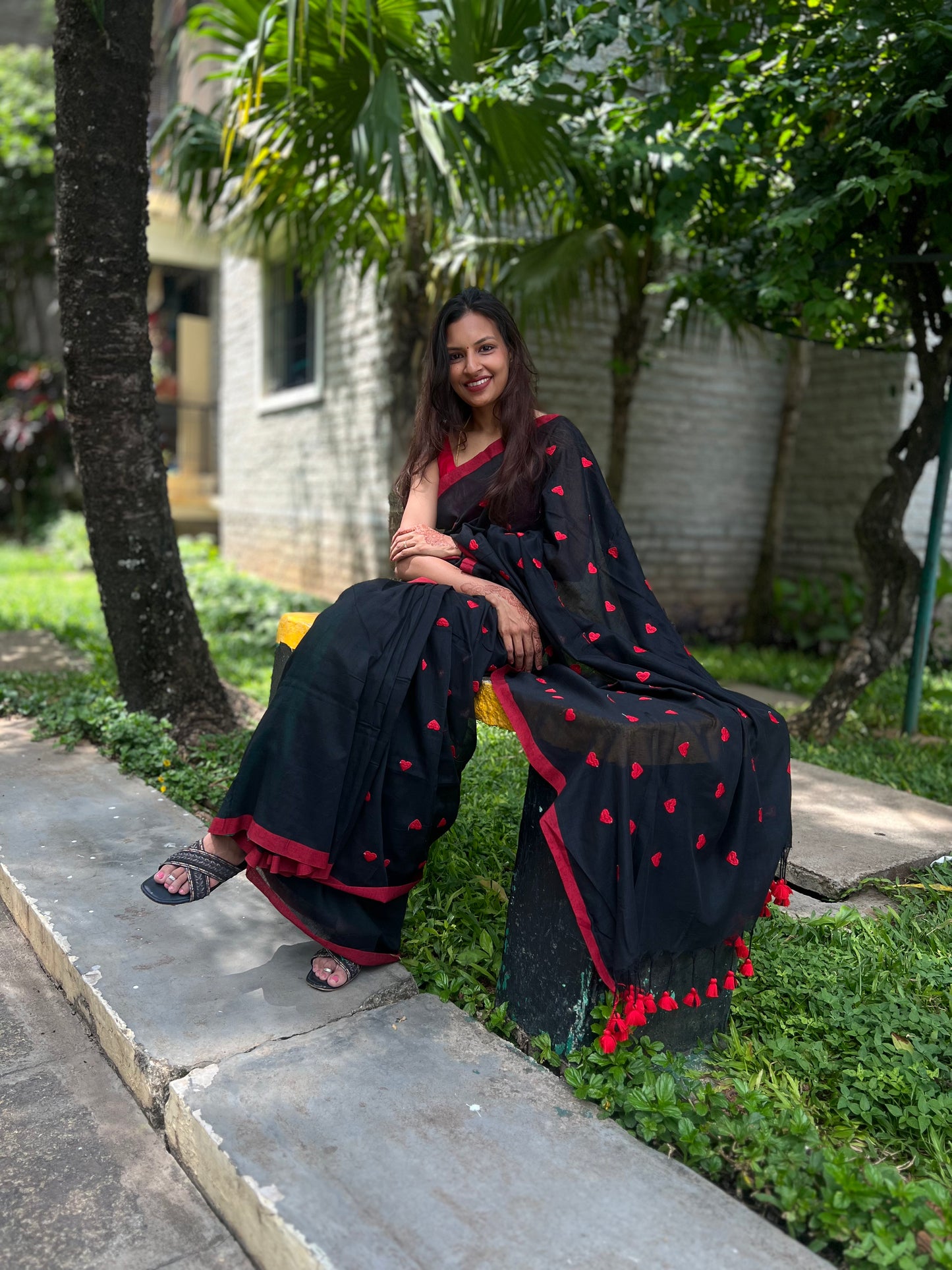 Black Khadi with Red hearts Cotton Saree