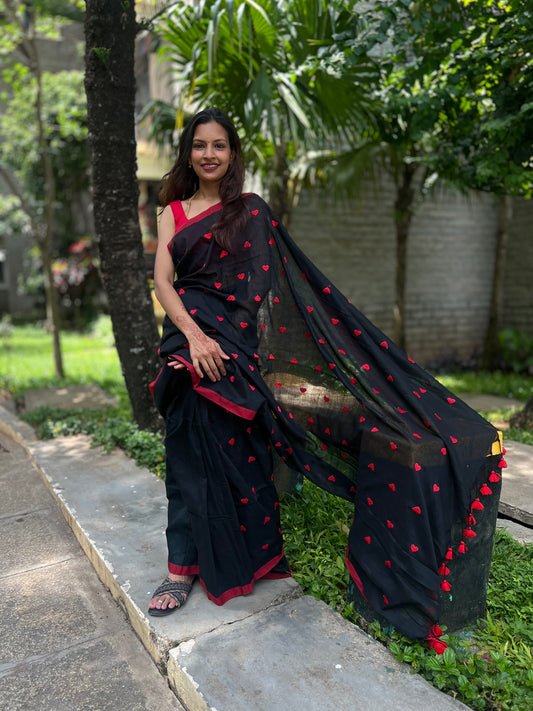 Black Khadi with Red hearts Cotton Saree