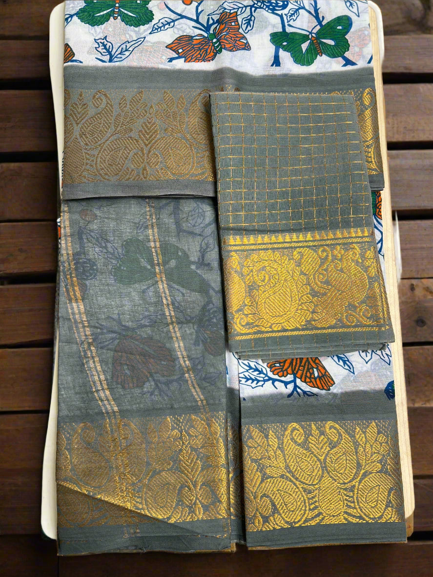 Set of traditional sarees with gold and green patterns on a white background