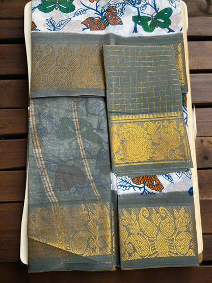 Set of traditional sarees with gold and green patterns on a white background