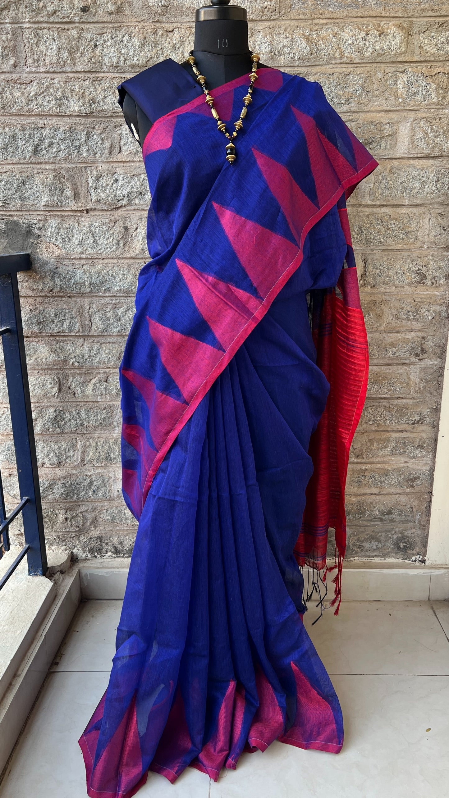 Blue Maroon Temple Border Khadi
