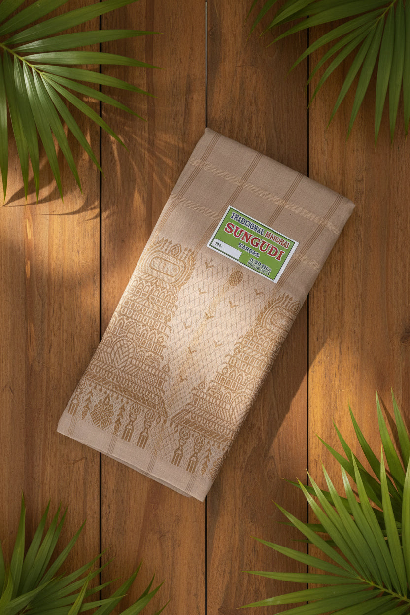 A folded beige cotton saree with brown printed patterns and a green 'Sungudi' brand label, displayed on a woven straw mat.