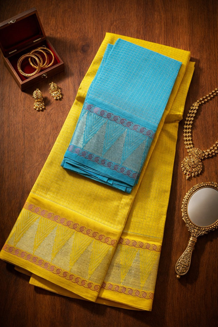 Silver Gopuram Checks - Lemon Yellow  X Blue