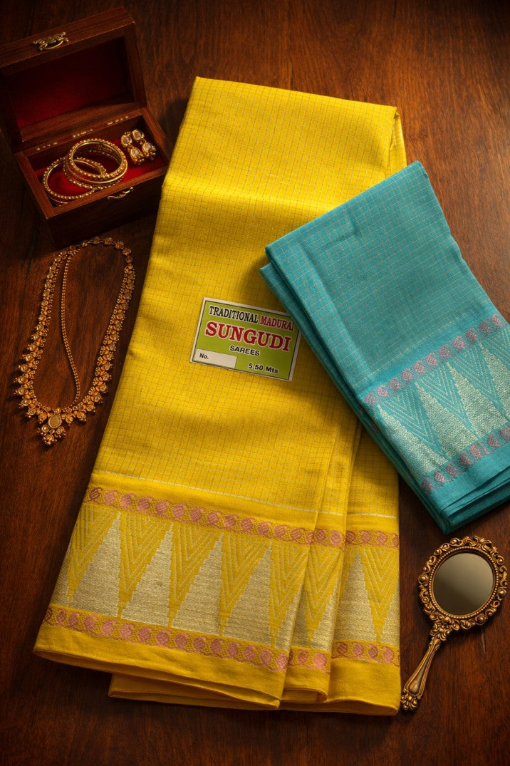 Silver Gopuram Checks - Lemon Yellow  X Blue