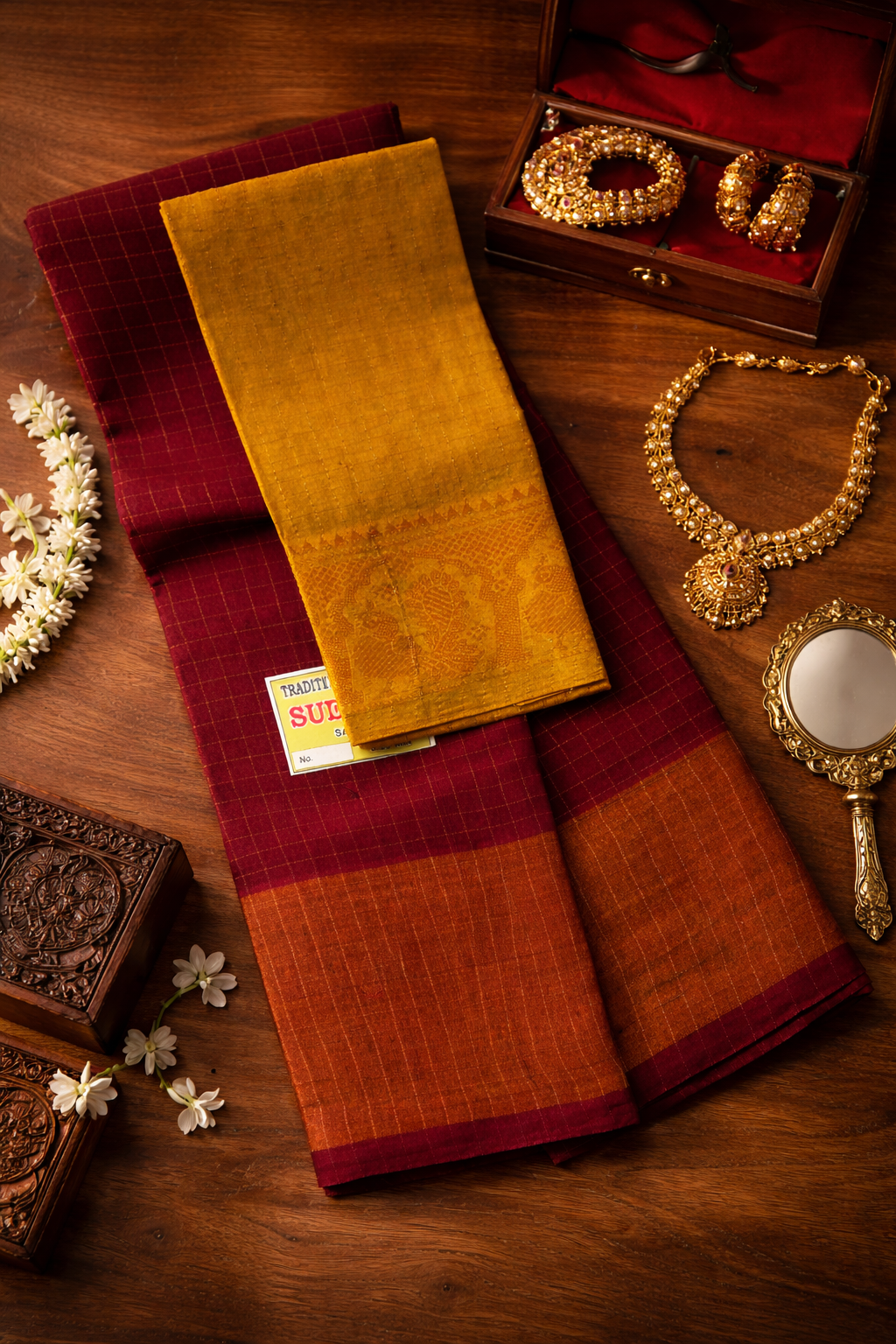 Gold Zari Checks Madurai Sungudi Saree – Maroon