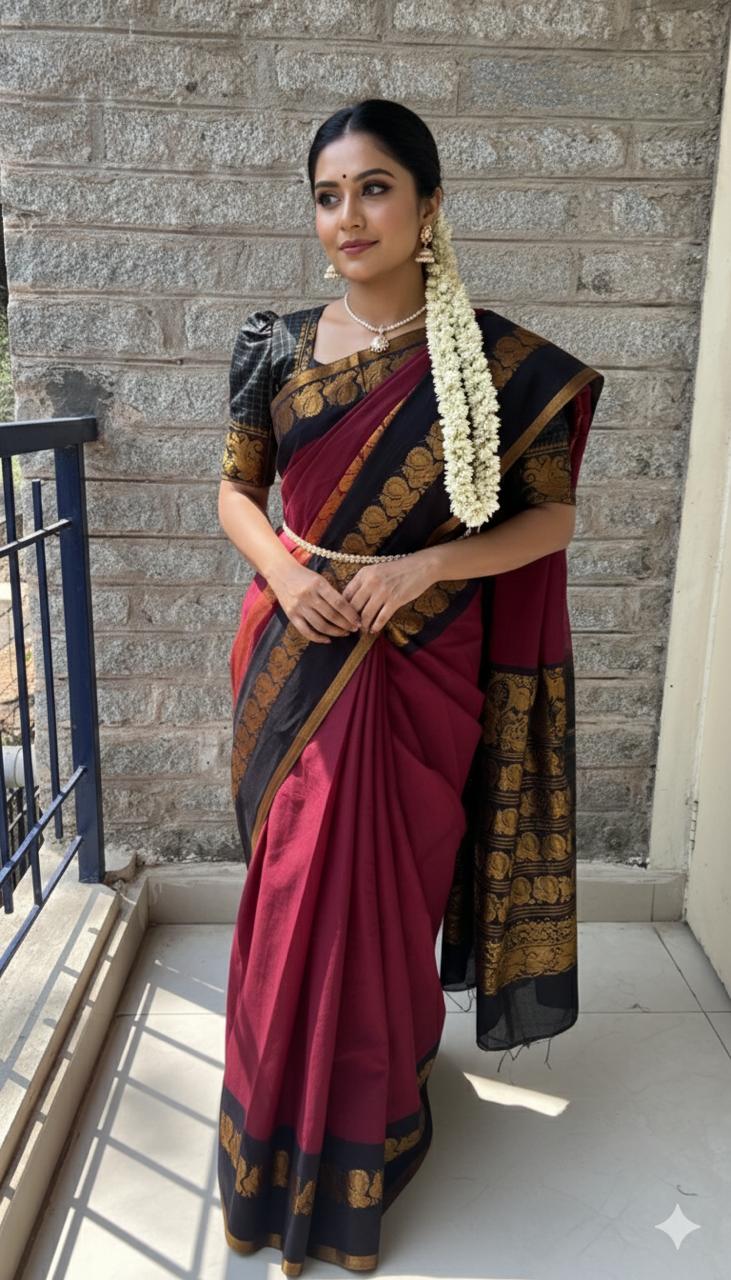 Mayuri Plain Long Border – Maroon Black