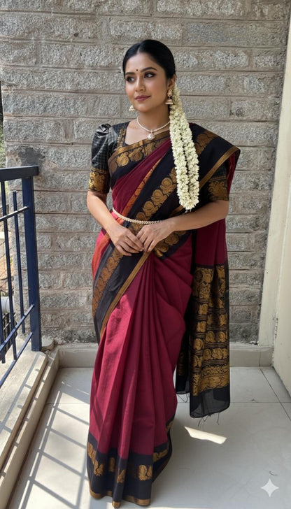 Mayuri Plain Long Border – Maroon Black