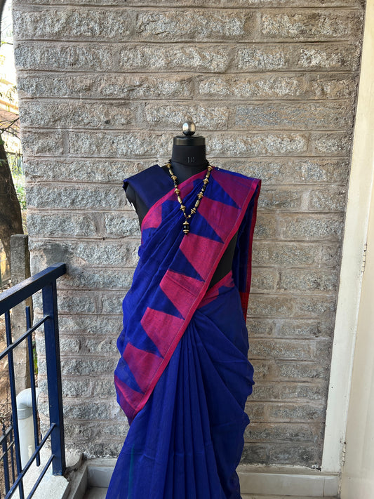 Blue Maroon Temple Border Khadi