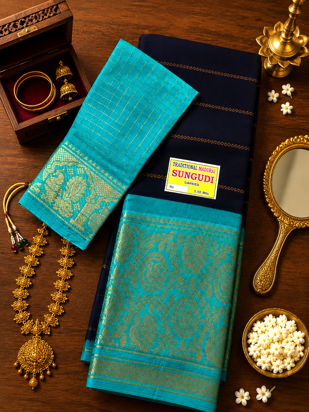 Sri Velthari Long Border – Navy Blue  X  Blue
