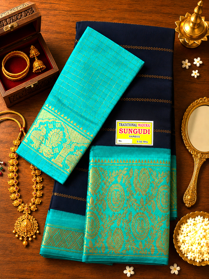 Sri Velthari Long Border – Navy Blue  X  Blue