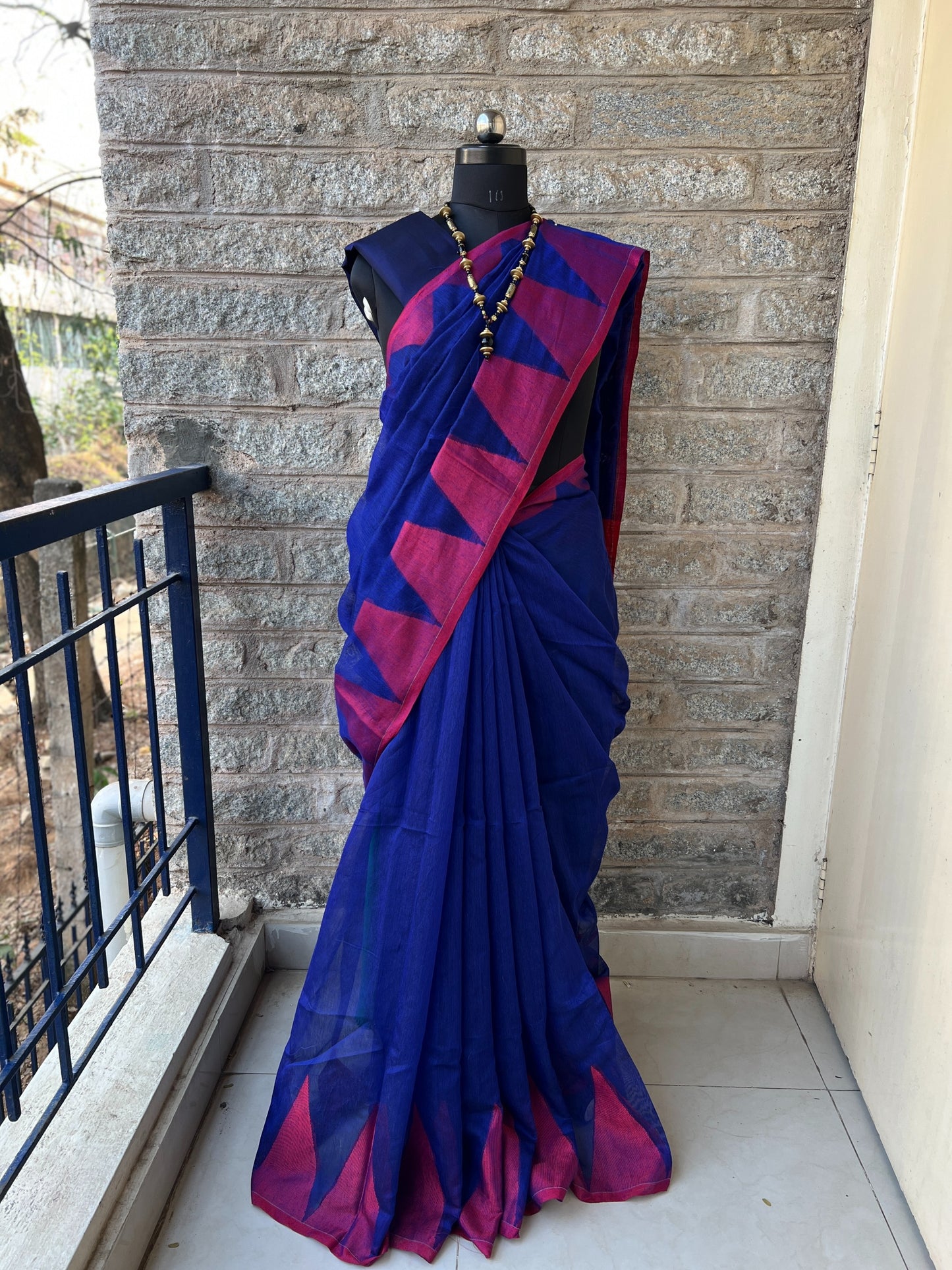 Blue Maroon Temple Border Khadi