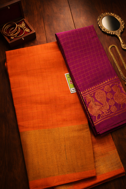 Gold Zari Checks - Orange X Mejanta