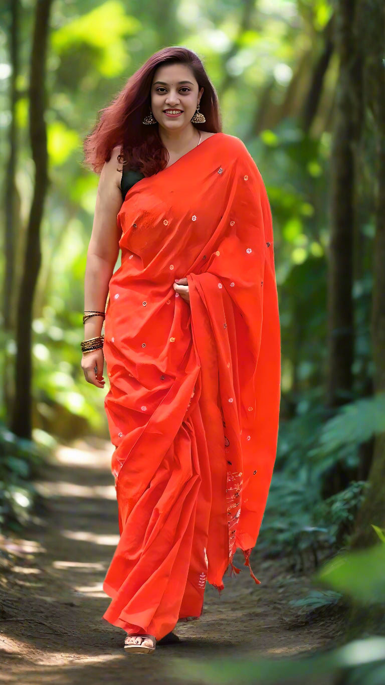 Woman in a bright orange saree standing in a grassy field with trees in the background