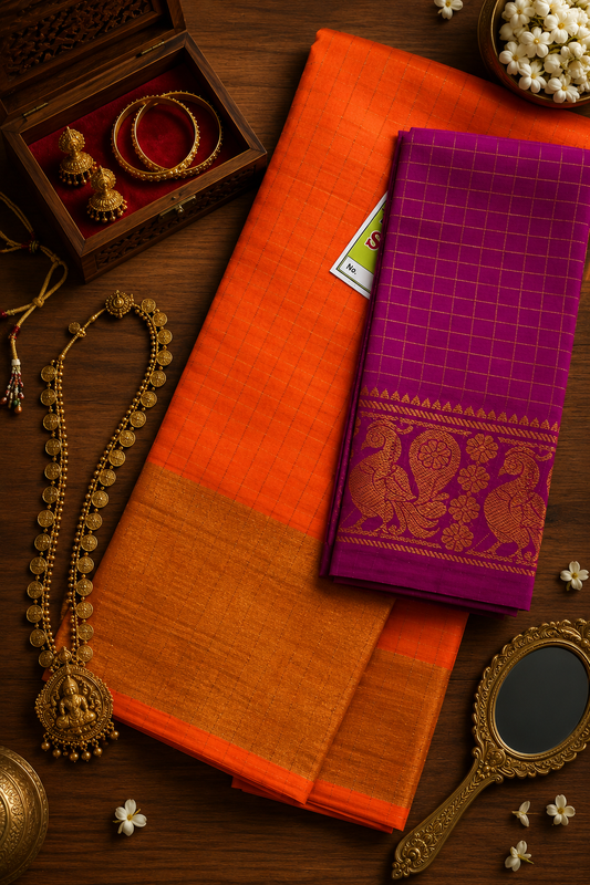 Gold Zari Checks - Orange X Mejanta