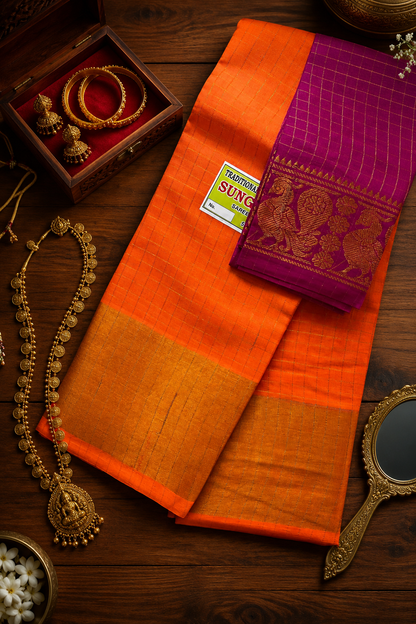 Gold Zari Checks - Orange X Mejanta